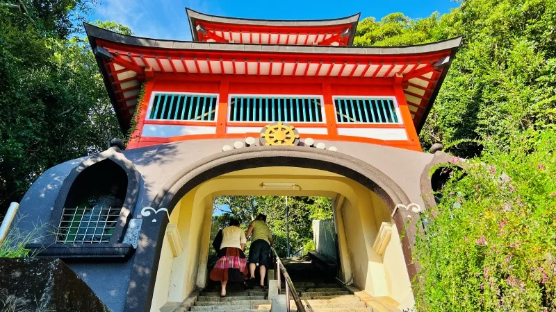 津照寺へ猫が行く！ 本堂へつながる階段を登ると海が一望できてる絶景